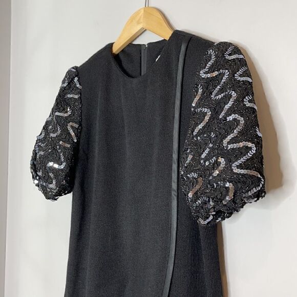 Vintage 80’s Leslie Fay Sequin Puff Sleeve Midi Dress - Picture 3 of 12